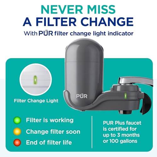 PUR PLUS Vertical Faucet Mount Water Filtration System, Lead-Reducing Filter, Great-Tasting Water, Easy Install, Lasts 100 Gallons, Compatible with Sinks with External Aerators, Grey - Image 7
