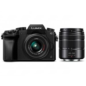 Panasonic Lumix DMC-G7 Mirrorless Camera with Lumix G Vario 14-42mm and 45-150mm Lenses Lens, Black – Bundle with Camera Case, 64GB SDXC U3 Card, Spare Battery, Tripod, Software Package, and More