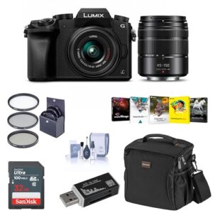 Panasonic Lumix DMC-G7 Mirrorless Camera with Lumix G Vario 14-42mm and 45-150mm Lenses Lens, Black – Bundle with Camera Case, 32GB SDHC Card, 46mm/52mm UV Filters, Pc Software Pack and More