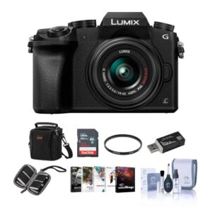 Panasonic Lumix DMC-G7 Mirrorless Micro Four Thirds Camera with 14-42mm Lens, Black – Bundle with Camera Case, 32GB SDHC Card, Cleaning Kit, Memory Wallet, Card Reader, 46mm UV Filter, Software Pack