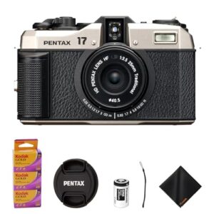 Pentax 17 Compact Film Camera with Half-Frame Format, 25mm F3.5 Lens, Manual ISO 50-3200, 6 Zone Focus, Includes Kodak Gold 200 Color Negative 35mm Roll Film (3 Pack) & Cleaning Cloth Bundle Kit