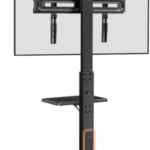 Perlegear Floor TV Stand with Power Outlet, Universal TV Stand for 32-75 inch TVs up to 110 lbs, Height Adjustable Standing TV Mount, Tall TV Mount with Wood Base, Max VESA 600x400mm, PGFS06