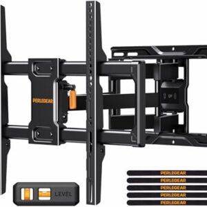 Perlegear Full Motion TV Wall Mount for Most 42–84 inch Flat Curved TVs up to 132 lbs, 12″/16″ Wood Studs, Bracket with Articulating Arms, Swivel, Tool-Free Tilt, Max VESA 600x400mm PGLF12