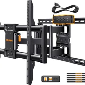 Perlegear Full Motion TV Wall Mount with Power Strip for 42–90 Inch TVs up to 150 lbs, Pre-Assembled TV Mount Has Smooth Swivel, Tilt, Extension, Max VESA 600x400mm, 12“/16”/24” Wood Studs, PGLF11