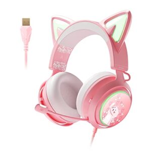 Pink Gaming Headset GS510, Wired, Over Ear, Cat Ear Design with RGB Lighting, 7.1 Surround Sound, Retractable Mic, Compatible with PC, PS4, PS5