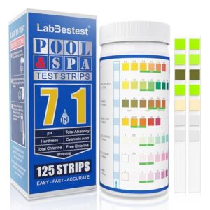 Pool Spa and Hot Tub Test Strips – 125 Pool Spa Test Strips – Swimming Pool Water Testing Kit – Rapid Accurate Easy to Test pH, Hardness, Bromine, and More (7-Way)