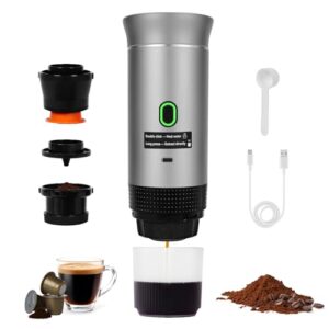 Portable Electric Espresso Machine,3-in-1 Mini Coffee Maker,Self-Heating Car Coffee Maker with USB-C, Small Coffee Machine with Ground Coffee & Capsules for RV, Hiking, Office (silver)