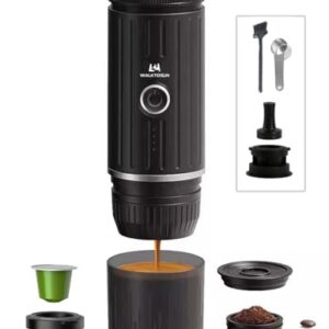 Portable Espresso Coffee Maker Electric Expresso Maker Self Heating Battery Powered, 19 Bar Pressure, Coffee Machine with Ground Coffee & NS Capsule for Travel,Outdoors，Camping,RV,Hiking,Office(Black)