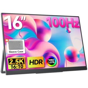 Portable Gaming Monitor 16 Inch QHD 2.5K 2560X1600 16:10 100 Hz 100% sRGB 10 Bit Travel Monitor for MacBook, Laptop, PC, Surface, Game Console, VESA Compatible, with Kickstand & Sleeve