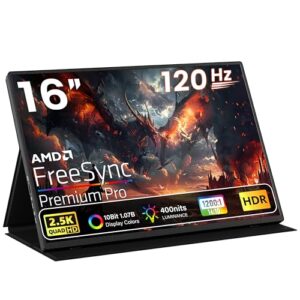 Portable Gaming Monitor 16 Inch QHD 2.5K 2560X1600 16:10 120 Hz Free-Sync 100% sRGB 10 Bit 400 Nits Travel Screen for MacBook, Laptop, PC, Game Consoles, VESA Compatible, with Cover