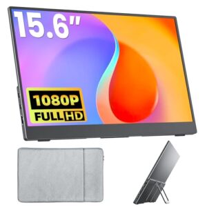 Portable Monitor 15.6 Inch FHD 1080P HDR IPS Travel Monitor with Speakers HDMI Dual USB-C Portable Screen for MacBook Laptop Desktop Surface Xbox PS4 with Kickstand, VESA Compatible