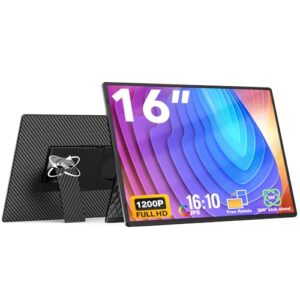Portable Monitor, 16 Inch FHD 1200P, 360° Rotating Detachable Stand, Plug&Play Travel Monitor for Laptop, Ultra-Thin Zero Frame, Premium Smart Cover, Portable Screen for Laptop/PC/Mac