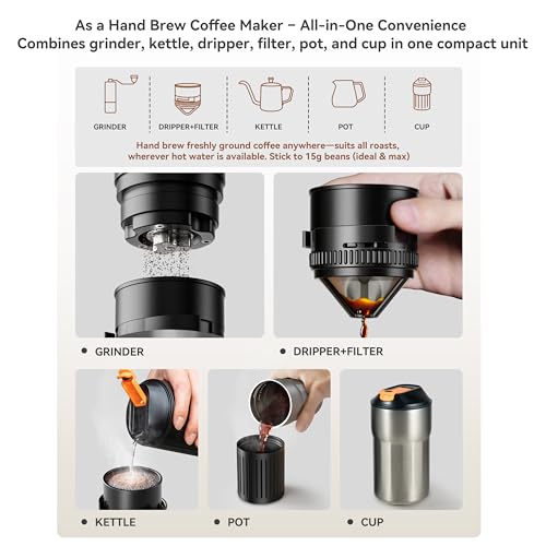 Portable Pour Over Coffee Maker, Rechargeable Electric Grinder with Stainless Steel Conical Burr, Integrated Hand Brew Kit with Stainless Steel Filter Dripper & Travel Mugs, for Camping, Outdoors - Image 4