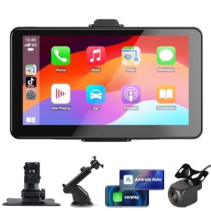 Portable Wireless Carplay Car Stereo, 7″ HD Touchscreen for Car with Apple CarPlay & Android Auto with Backup Camera/Mirror Link/Voice Control/Bluetooth/GPS/AUX/FM Satellite Radio for All Vehicles