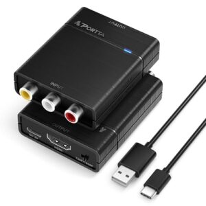 Portta AV to HDMI Converter 1080P, RCA to HDMI Converter, Composite CVBS to Audio Video Adapter, Support PAL/NTSC, Compatible with VHS/VCR/PS3/N64/Wii/STB/Xbox/Blue-Ray/DVD Players