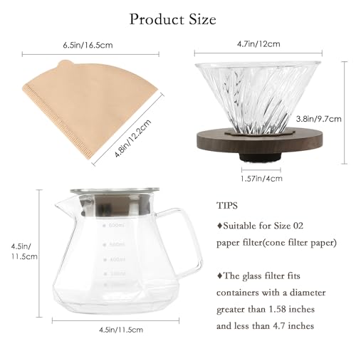 Pour Over Coffee Maker, 20 oz Borosilicate Glass Carafe with 100 pcs V60 Paper Filter by Gsform, Walnut Handle & Glass Lid, Drip Coffee Maker for Home Café Restaurant Camping, 600 ml, Clear - Image 4