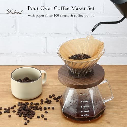 Pour Over Coffee Maker, 20 oz Borosilicate Glass Carafe with 100 pcs V60 Paper Filter by Gsform, Walnut Handle & Glass Lid, Drip Coffee Maker for Home Café Restaurant Camping, 600 ml, Clear - Image 5