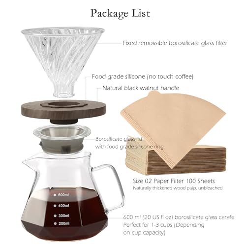Pour Over Coffee Maker, 20 oz Borosilicate Glass Carafe with 100 pcs V60 Paper Filter by Gsform, Walnut Handle & Glass Lid, Drip Coffee Maker for Home Café Restaurant Camping, 600 ml, Clear - Image 6