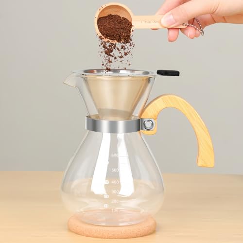 Pour Over Coffee Maker Set, with Double-Layer Stainless Filter and Wooden Handle, 20 oz 600ml Thickened Borosilicate Glass Pour Over Coffee Dripper for Home Café - Image 3
