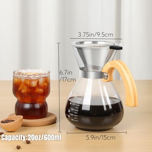 Pour Over Coffee Maker Set, with Double-Layer Stainless Filter and Wooden Handle, 20 oz 600ml Thickened Borosilicate Glass Pour Over Coffee Dripper for Home Café - Image 4