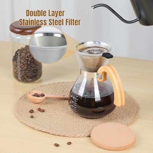 Pour Over Coffee Maker Set, with Double-Layer Stainless Filter and Wooden Handle, 20 oz 600ml Thickened Borosilicate Glass Pour Over Coffee Dripper for Home Café - Image 5
