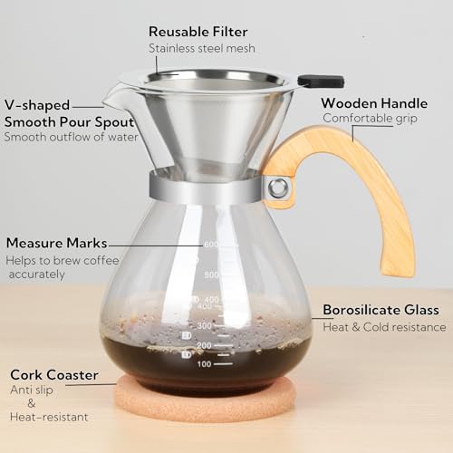 Pour Over Coffee Maker Set, with Double-Layer Stainless Filter and Wooden Handle, 20 oz 600ml Thickened Borosilicate Glass Pour Over Coffee Dripper for Home Café - Image 7