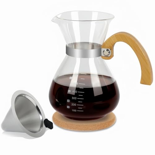 Pour Over Coffee Maker Set, with Double-Layer Stainless Filter and Wooden Handle, 20 oz 600ml Thickened Borosilicate Glass Pour Over Coffee Dripper for Home Café