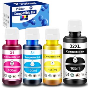 Pristar Compatible with HP 31 32XL Ink Bottle Set Compatible with HP Smart Tank 7301 7001 7602 5000 6001 5101 5102 5103 Plus 651 551 455 457 450 All-in-One Printer (165 ML 32XL Black Ink 100 ML 31 CMY