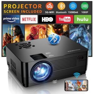 Projector with 5G WiFi and Bluetooth, Native 1080P Projector[Projector Screen Included], Full HD 18000LM Movie Projector, 300″ Display Support 4k Home Theater, Compatible with Phone/Laptop/TV Stick