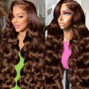 QNQZ Chocolate Brown 13×6 HD Lace Front Wigs Human Hair 30inch Brown Body Wave Wig Pre Plucked with Baby Hair 220 Density Body Wave Lace Front Human Hair Wig for Black Women