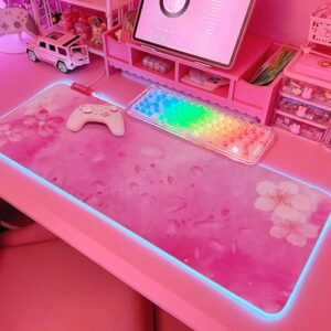 RGB Cherry Blossom Gaming Mouse Pad Pink 31.5×12 Inch PC XL Large Extended Glowing Led Light Up Desk Pad Non-Slip Rubber Base Computer Keyboard and Mouse Pad Cute Mousepad