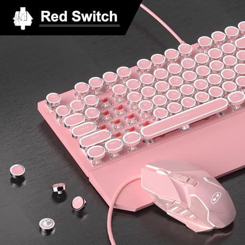 Retro Pink Typewriter-Style Keyboard and Mouse Combo, Cute Light Up Wired Mechanical Keyboard with Linear Red Switches, Full Size for Gaming, Work, Mac, PC, Windows - Image 3