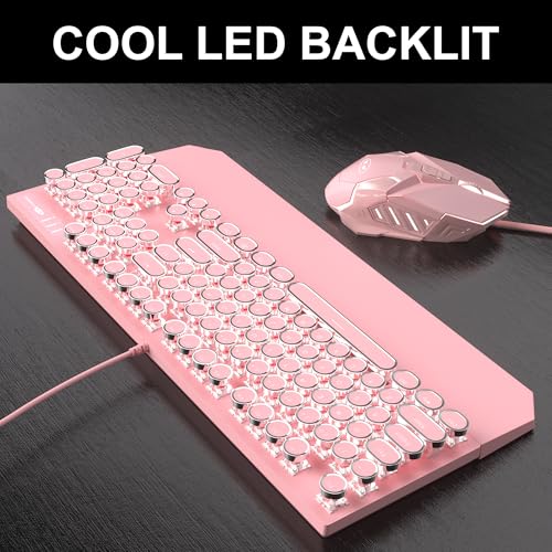 Retro Pink Typewriter-Style Keyboard and Mouse Combo, Cute Light Up Wired Mechanical Keyboard with Linear Red Switches, Full Size for Gaming, Work, Mac, PC, Windows - Image 4