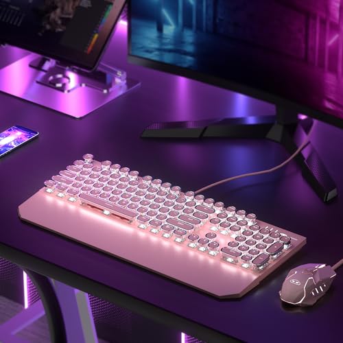 Retro Pink Typewriter-Style Keyboard and Mouse Combo, Cute Light Up Wired Mechanical Keyboard with Linear Red Switches, Full Size for Gaming, Work, Mac, PC, Windows - Image 8