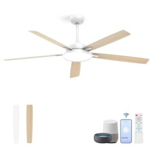 Roomratv Ceiling Fans with Lights,62 Inch Smart Ceiling Fan,Remote and App Control,Dimmable,Reversible,Noiseless, Compatible with Alexa,Google Home,Large White Modern ceiling fan for Indoor/Outdoor