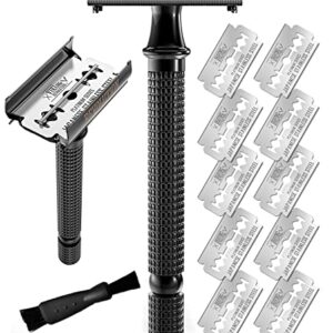 SHAVING REVOLUTION Long Handle Double Edge Safety Razor – Butterfly Open Razor 10 Japanese Stainless Steel Double Edge Blades – Close, Clean Shaving Razor Men., Black Long Handle, 12 Piece Set