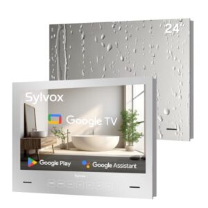SYLVOX 24 inch Bathroom TV, 1080P Mirror Television with Google OS NTSC & ATSC Tuner WiFi Bluetooth Voice Remote, IP66 Waterproof Magic TV for Bathroom Bathtub Hotel Shower Spa (Embedded)