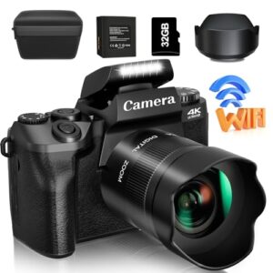Saneen Digital Camera, 4k Cameras for Photography & Video, 64MP WiFi Touch Screen Vlogging Camera for YouTube with Flash, 32GB Card, Lens Hood, 3000mAH Battery, Front and Rear Cameras – Black