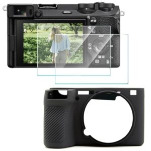 Screen Protector (2+1Pack) Compatible for Sony Alpha 6700,Tempered Glass Film Anti-Scratch High Definition and Soft Silicone Case for Sony A6700 Camera, black