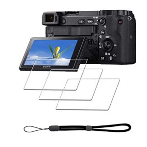 Screen Protector for Sony Alpha A6600 A6400 A6300 A6100 A6000 A5000 & Hand Lanyard [3+1 Pack] Tempered Glass Easy Installation