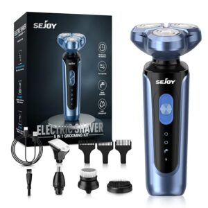 Sejoy Electric Razor for Men’s Face, Mens Electric Shavers Cordless, USB Rechargeable Rotary Razors, Portable 5 in 1 Kit Dry Wet Shaver, IPX7 Waterproof for Home Travel