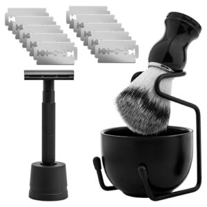 Shaving Kit for Men, 4-in-1 Safety Razors for Men with Razor Stand, Shaving Brush and Bowl, Double Edge Razor with Long Handle Featuring Sharp, Durable Blades and Non-Slip Design