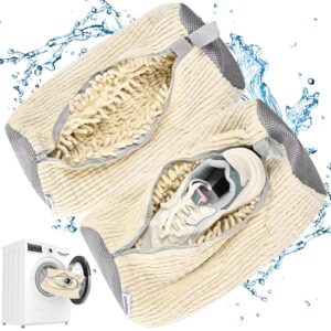 Shoe Bag for Washing Machine, Sneaker Cleaning Bag 2 PCS Set Pearl White, Fluffy Fiber Inside, Large Size Shoe Washing Machine Bag, 360 Laundry Bag for Tennis Gym Running Trainers Hiking