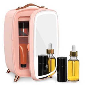 Skincare Fridge, 6L Pink Makeup Fridge with Dimmable LED Light Mirror, Portable for Bedroom, Car, Office & Dorm
