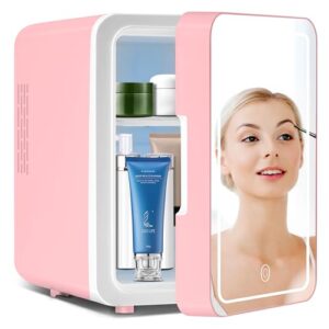 Skincare Fridge With Dimmable LED Mirror, 4L Makeup Mini Fridge for Bedroom, Cosmetics, SkinCare, Cooler & Warmer, Portable Small Refrigerator for Car, Office and Food- Pink