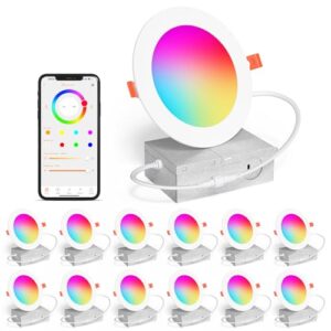Smart Recessed Lighting 4 Inch RGBCW Color Changing 12W LED Downlight with Junction Box,1080 Lumen Recessed Ceiling Light Compatible with Alexa,Dimmable by Bluetooth Control -12Pack