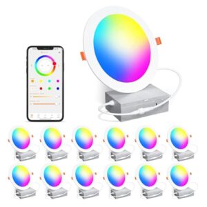 Smart Recessed Lighting 4 Inch RGBCW Color Changing 12W Recessed Ceiling Light with Junction Box,1080LM Canless LED Downlight Compatible with Alexa,Dimmable by Bluetooth Control -12Pack