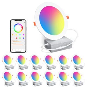 Smart Recessed Lighting 6 Inch RGBCW Color Changing 16W LED Downlight with Junction Box,1350 Lumen Recessed Ceiling Light Compatible with Alexa,Dimmable by Bluetooth Control -12Pack