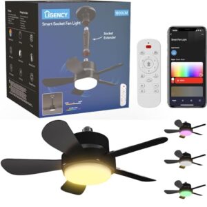 Smart Socket Fan Light – 1800LM RGBW Color Changing LED E26 Screw-in 15″ LED Fan Light with App/Remote/Alexa Google Voice Control, 6-Speed Quiet for Bedroom & Garage, Black