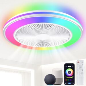 Smart WiFi&Bluetooth RGB Ceiling Fans with Lights and Remote,20″low profile ceiling fan with light,Compatible with Alexa,Google Assistant,App Control Color Changing LED,3000K-6000K,6 adjustable speed